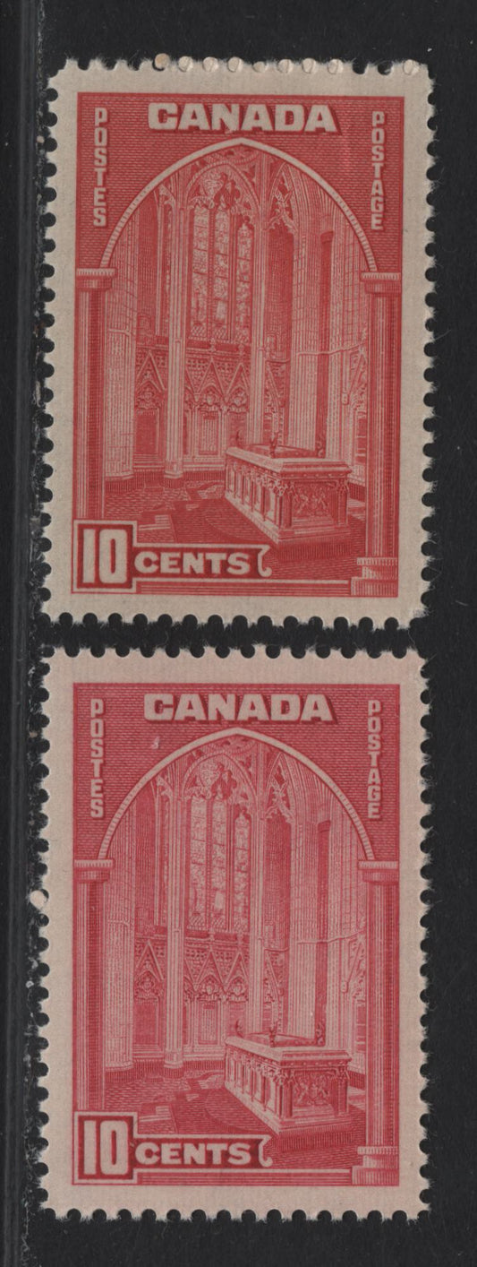 Lot 293 (C) Canada #241, 241a 10c Deep Carmine, Perf 11.9 On Paper/Gum Type CBN-C & 10c Rose Carmine On Paper Type CBN-A, Perf 11.9x12,1938 Pictorial Issue, 2 VFNH Singles