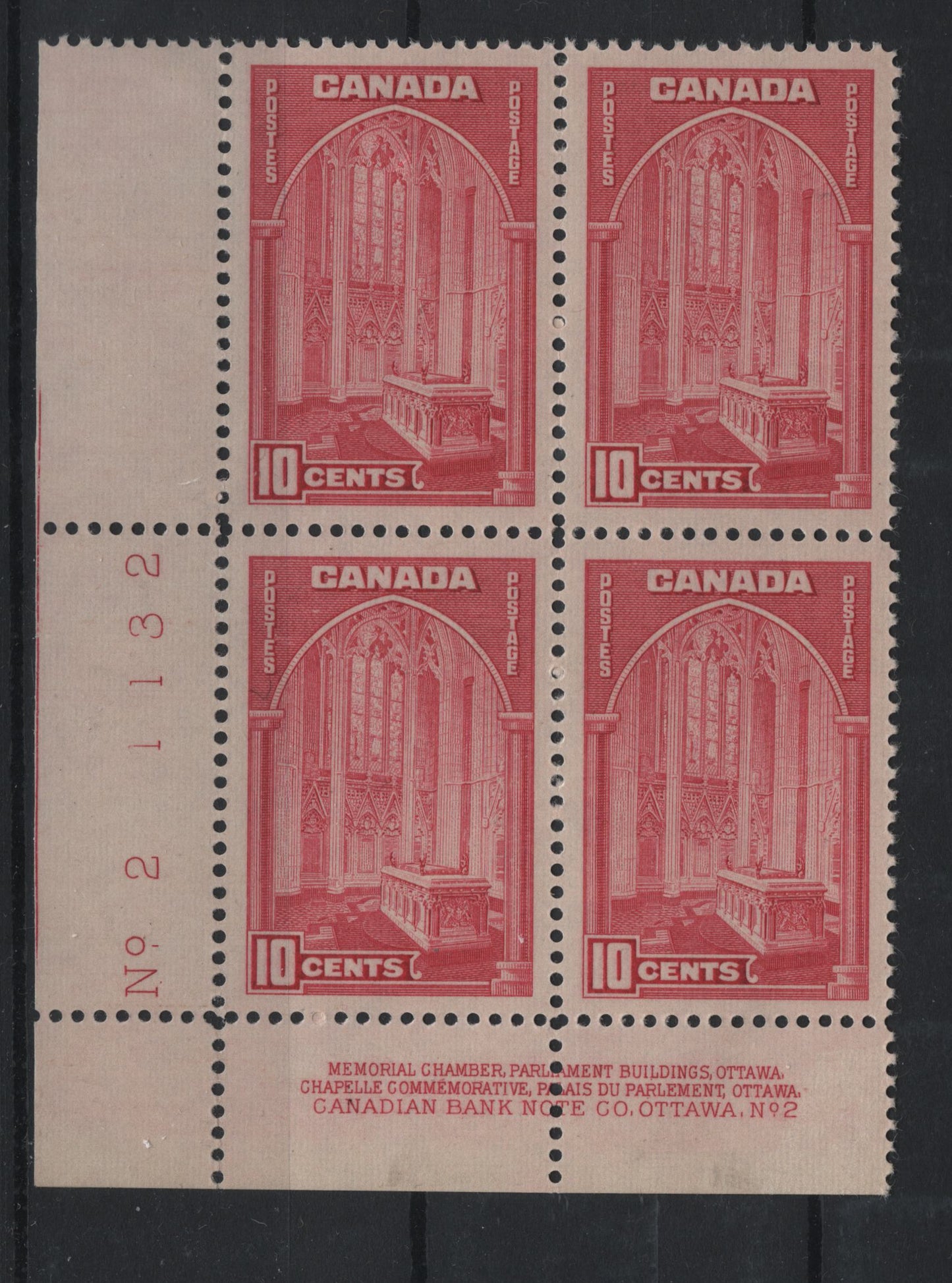 Lot 298 (C) Canada #241a 10c Rose Carmine Memorial Chamber, 1938 Pictorial Issue, A VFNH LL Block Of 4, Plate 2, Paper/Gum Type CBN-A, Perf 11.8x12.