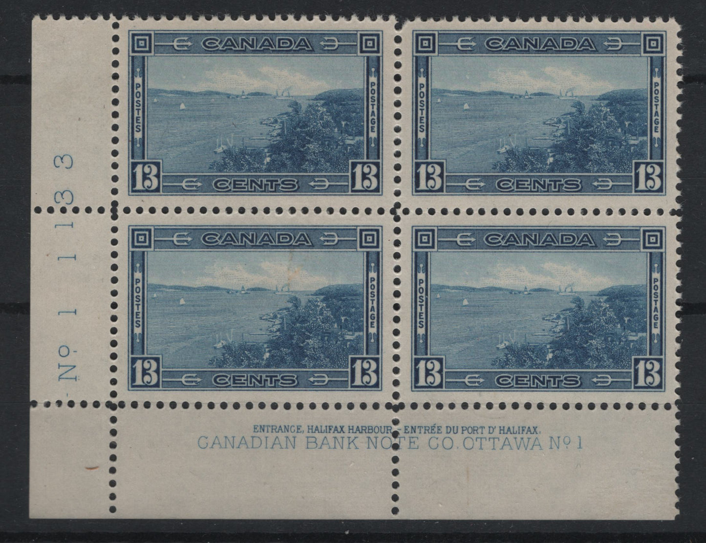 Lot 299 (C) Canada #242 13c Blue Halifax Harbor, 1938 Pictorial Issue, A VFNH LL Block Of 4, Plate 1, Paper/Gum Type CBN-CC, Perf 12,Small Gun Spot On Face Of LL Stamp.