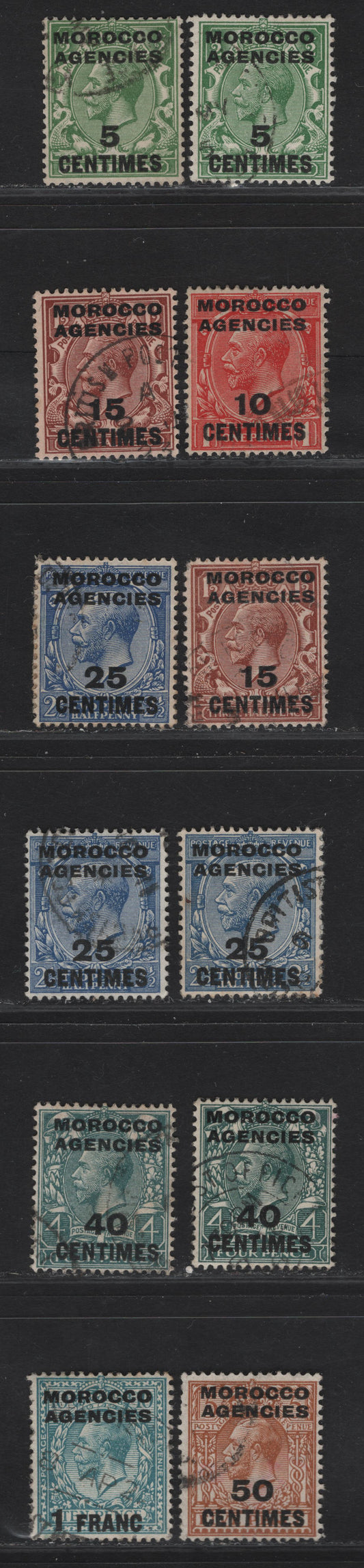 Lot 30 Morocco Agencies French Currency SG#192-197, 199 5c on 1/2d - 1fr on 10d Green - Turquoise Blu King George V, 1917-1924 KGV Profile Heads Issue, 11 Fine/Very Fine Used Singles, Royal Cypher Wmk, Extra Shade Varieties