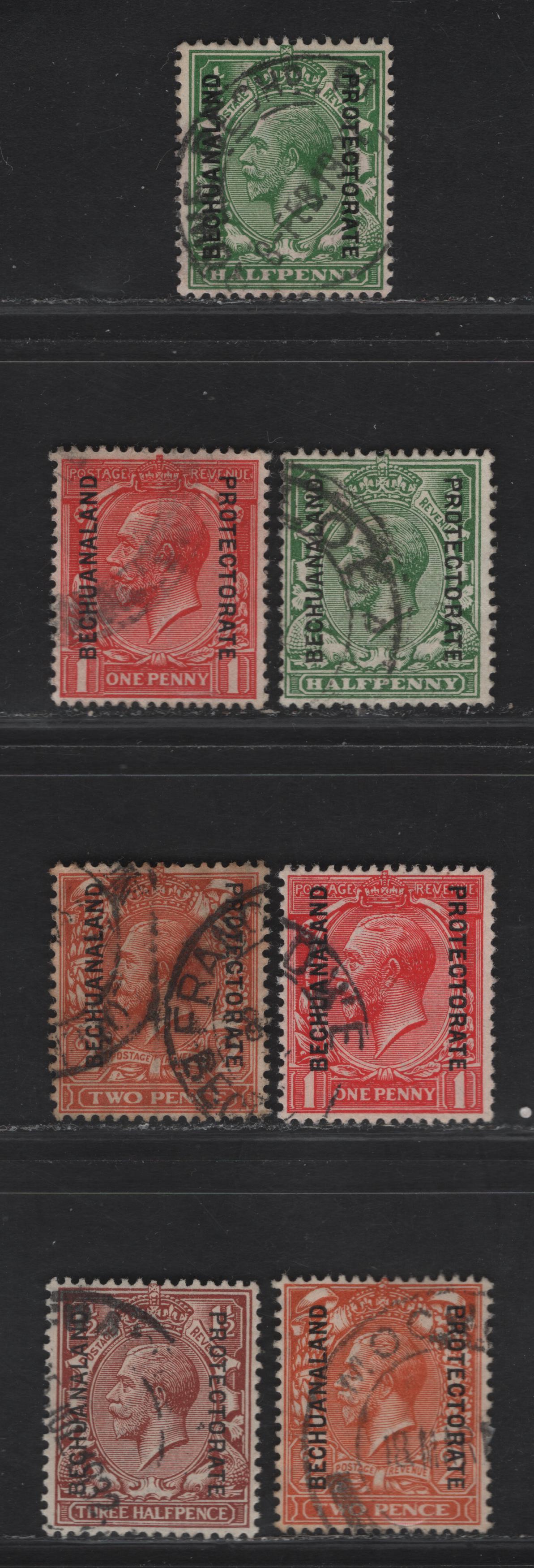 Lot 3 (C) Bechuanaland Protectorate SG#73-74a, 75, 76-a 1/2d - 1.5d Green & Deep Green - Red Brown, 1913-1924 KGV Profile Heads Issue, 6 Fine/Very Fine Used Singles, Simple Cypher Wmk, Overprinted Bechuanaland Protectorate, 2d's Are Both Die 1.