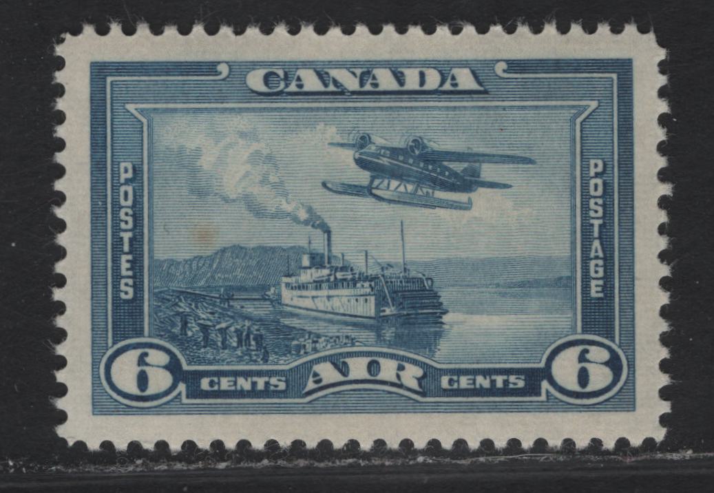 Lot 303 Canada #C6 6c Dull Blue Monoplane Over Mackenzie River, 1938 Airmail Issue, A VFOG Single, CBN-Z Paper/Gum, Perf 11.95x11.9, Very Small Stain Above Mountain At Left, Good Reference Example & Well Centered.