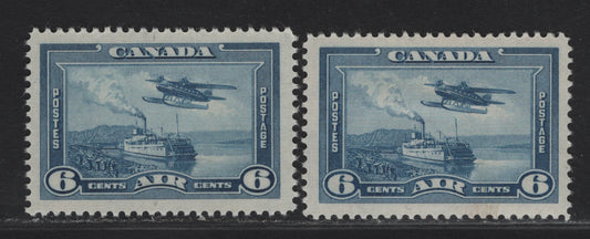 Lot 304 Canada #C6 6c Blue - Deep Dull Blue Monoplane Over Mackenzie River, 1938 Airmail Issue, 2 VFOG Singles, CBN-X Paper/Gum, Perfs 11.9x12 & 11.95x11.9