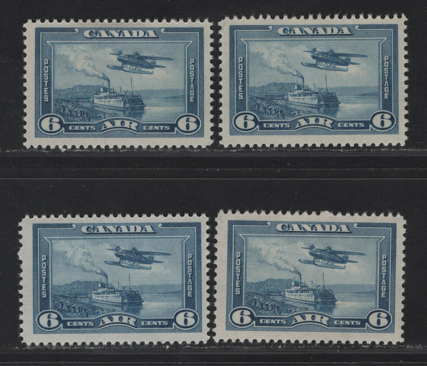 Lot 305 Canada #C6 6c Dull Blue - Light Bright Blue Monoplane Over Mackenzie River, 1938 Airmail Issue, 4 F/VFOG Singles, CBN-X Paper/Gum, Perfs 11.9, 12 & 11.9x12