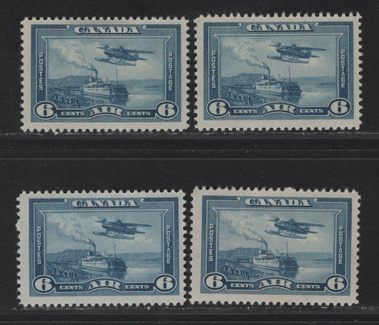 Lot 305 Canada #C6 6c Dull Blue - Light Bright Blue Monoplane Over Mackenzie River, 1938 Airmail Issue, 4 F/VFOG Singles, CBN-X Paper/Gum, Perfs 11.9, 12 & 11.9x12