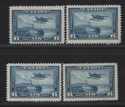 Lot 306 Canada #C6 6c Deep Dull Blue - Deep Bright Blue Monoplane Over Mackenzie River, 1938 Airmail Issue, 4 F/VFOG Singles, CBN-AA, CBN-O, CBN-BB & CBN-W Gum/Papers, Perfs 11.95, 11.9x12,12 & 12x12.1