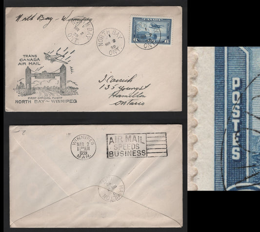 Lot 307 Canada #C6var 6c Dull Blue, 1938 Pictorial Issue, A VF Used Single On First Flight Cover With Unlisted Re-Entry