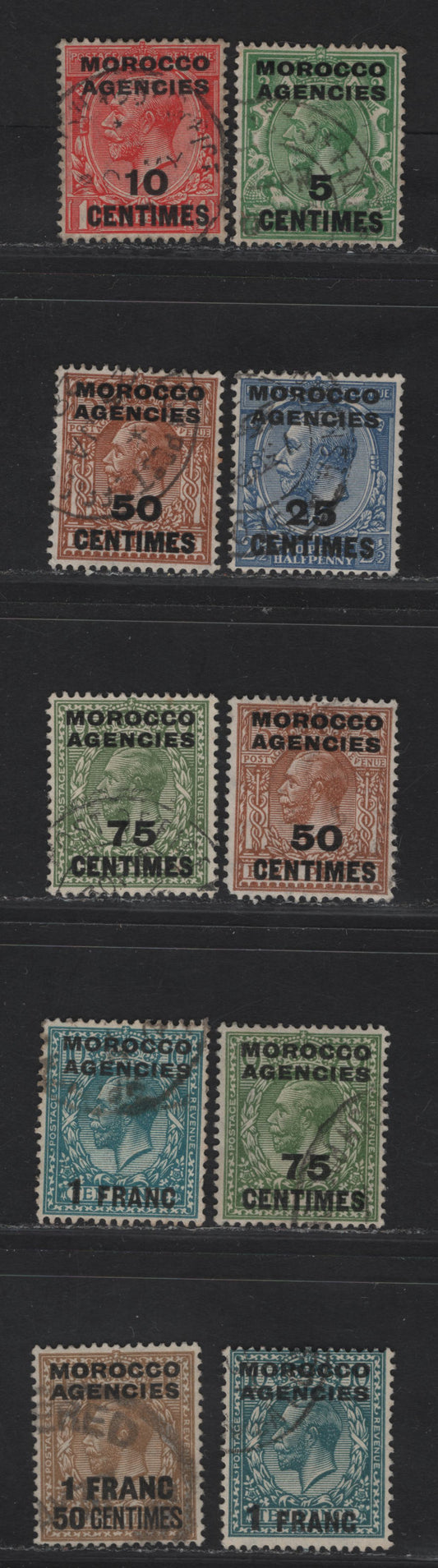 Lot 31 Morocco Agencies French Currency SG#202-203, 205, 207-208, 210-211 5c on 1/2d - 1fr50c Green - Bistre Brown King George V, 1925-1934 KGV Profile Heads Issue, 10 Fine/Very Fine Used Singles, Block Cypher Wmk, Additional Shades