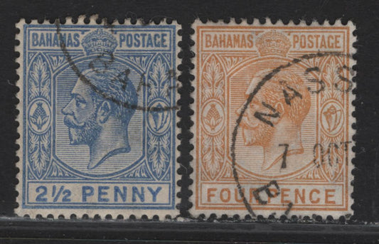 Lot 36 (C) Bahamas SG#84a, 85 2.5d - 4d Deep Dull Blue - Orange Yellow King George V, 1912-1919 KGV Keyplates Issue, 2 Very Fine Used Singles, Multiple Crown CA Wmk