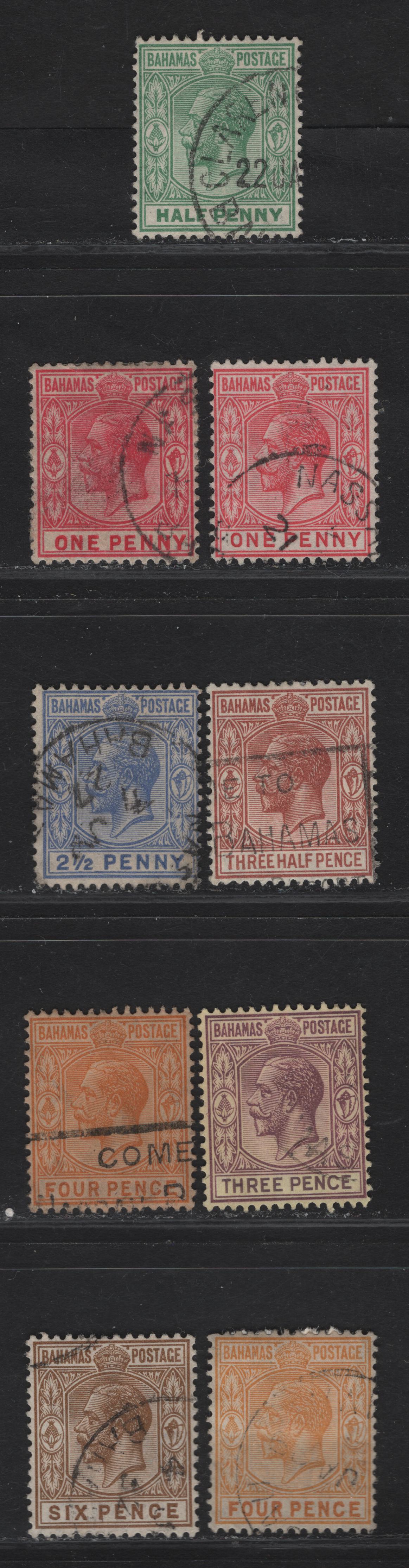 Lot 40 (C) Bahamas SG#115-117, 119-122 1/2d -  Green - Bistre Brown King George V, 1921-1937 KGV Keyplate Issue, 8 Fine/Very Fine Used Singles, script CA Wmk, Including Two Shades of 1d & 4d