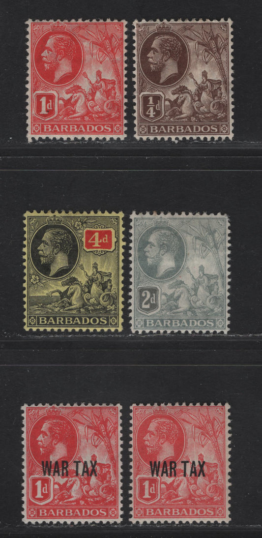 Lot 44 Barbados SG#170, 172, 173, 176, 197 1/4d - 4d Brown - Black & Red on Yellow King George V, 1912-1918 KGV Badge of Colony Keyplates, 6 VFOG Singles, Two Shades of 1d War Tax Overprint