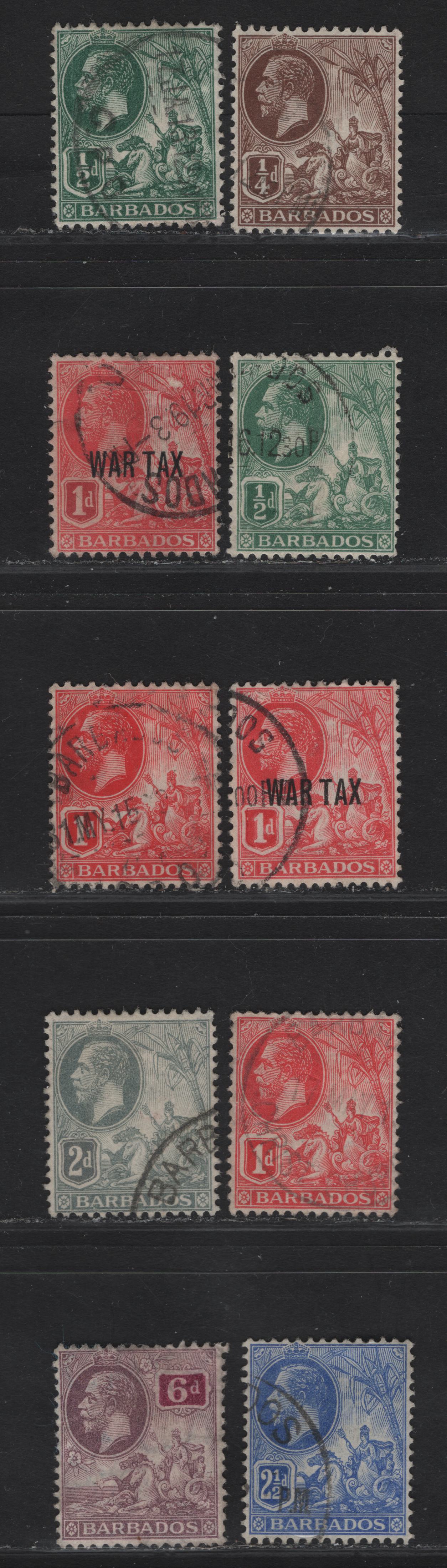 Lot 45 (C) Barbados SG#170-174, 177, 197-198 1/4d - 6d Brown - Dull Purple & Bright Purple King George V, 1912-1916 KGV Badge of Colony Keyplates, 10 Fine/Very Fine Used Singles, Additional Shades & Papers