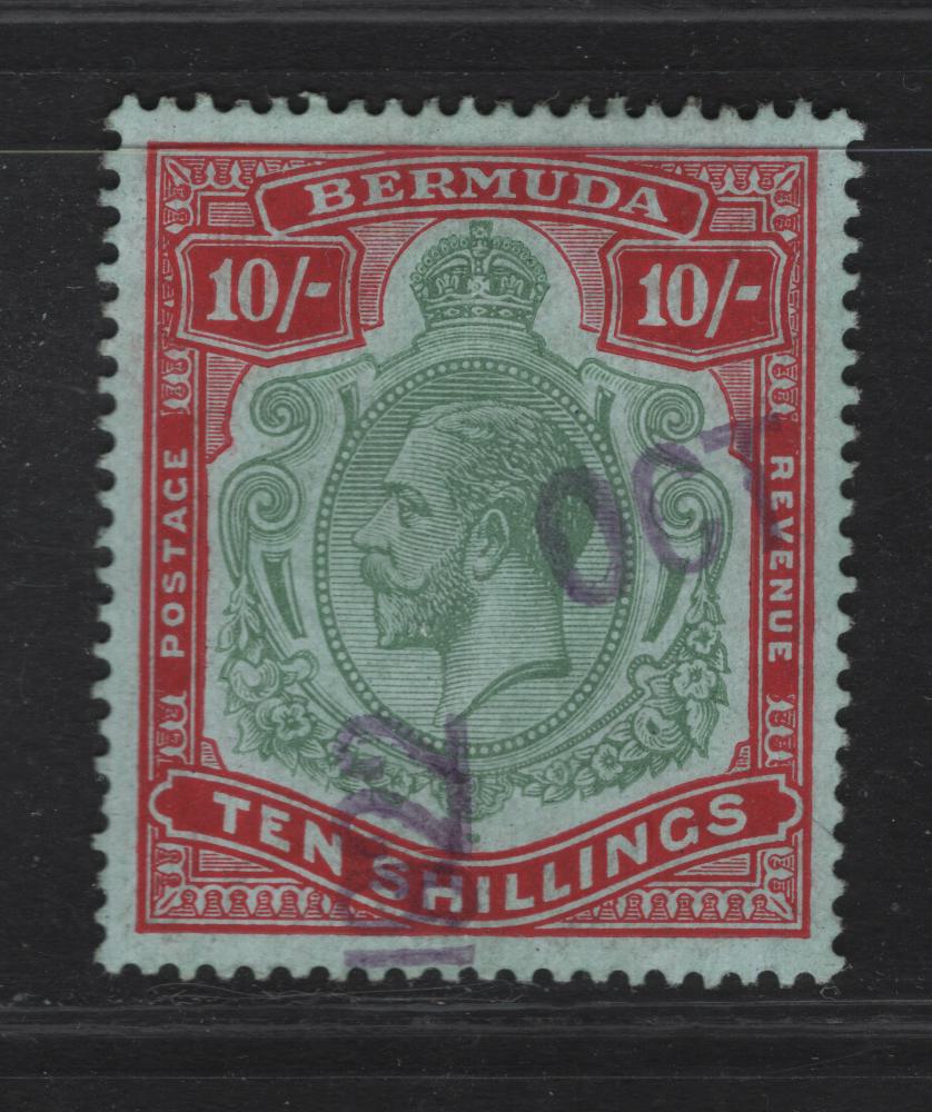 Lot 47 Bermuda SG#54c 10- Green & Red on Pale Bluish Green King George V, 1918-1922 KGV Keyplates Issue, A Very Fine Used Single, Multiple Crown CA Wmk, Revenue Cancel