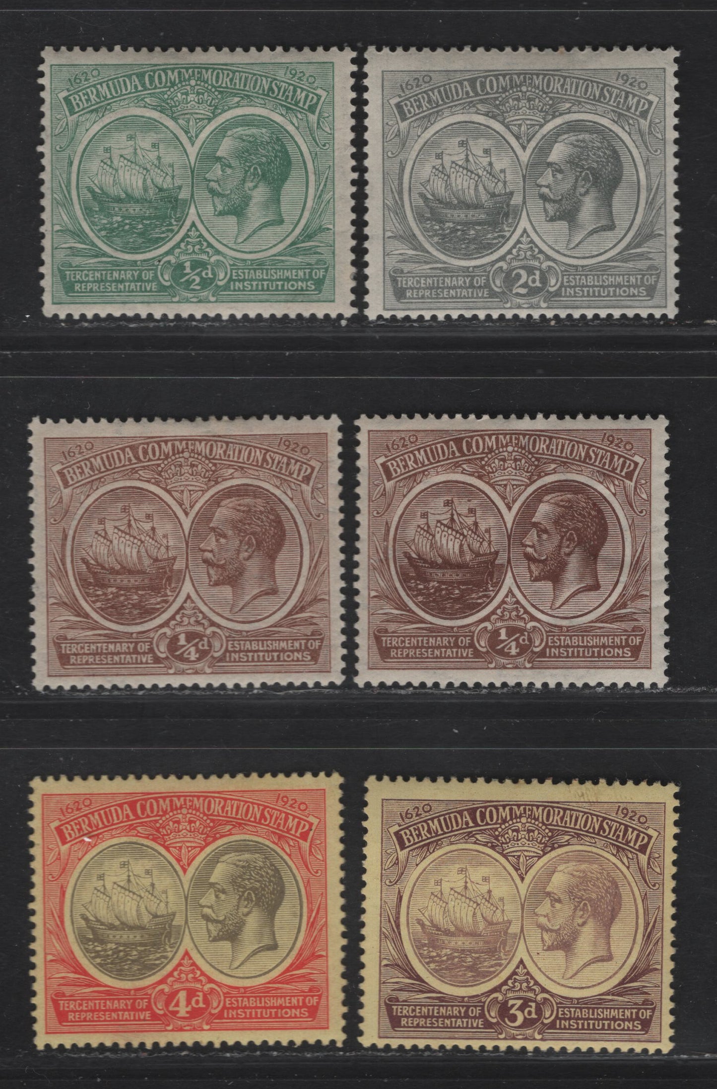 Lot 48 Bermuda SG#59-63 1/4d -4d Brown - Black & Redon Pale Yellow King George V & Ship, 1920-1921 Tercentenary of Representative Institutions, 6 F/VFOG Singles, 2 Shades