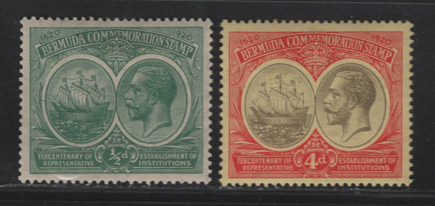Lot 49 Bermuda SG#60, 63 1/2d - 4d Green - Gray & Red on Yellow King George V & Ship, 1920-1921 Tercentenary of Representative Institutions, 2 VFOG Singles