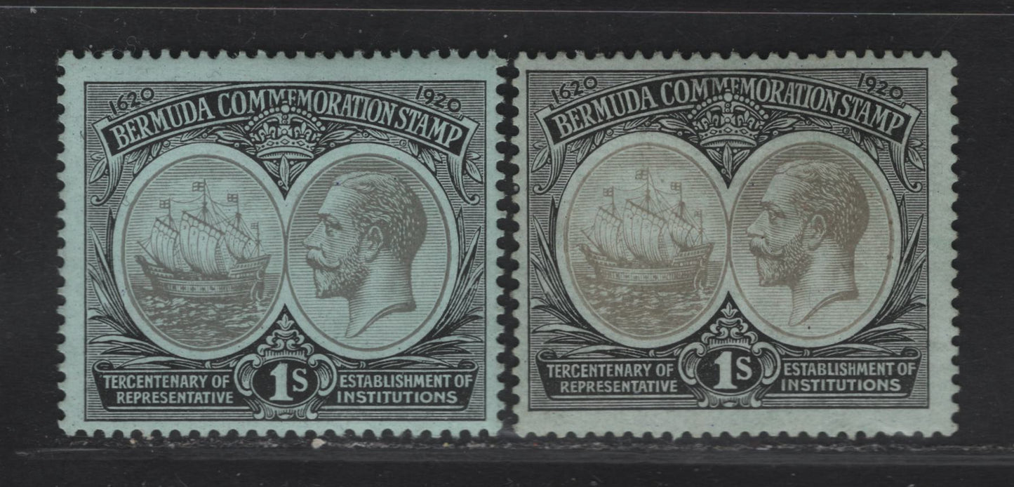 Lot 50 Bermuda SG#64 1/- Black & Gray - Black & Brownish Gray on Blue Green King George V & Ship, 1920-1921 Tercentenary of Representative Institutions, A FOG Single