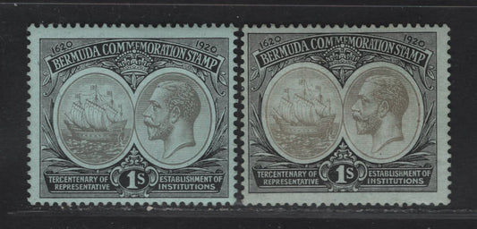 Lot 50 Bermuda SG#64 1/- Black & Gray - Black & Brownish Gray on Blue Green King George V & Ship, 1920-1921 Tercentenary of Representative Institutions, A FOG Single
