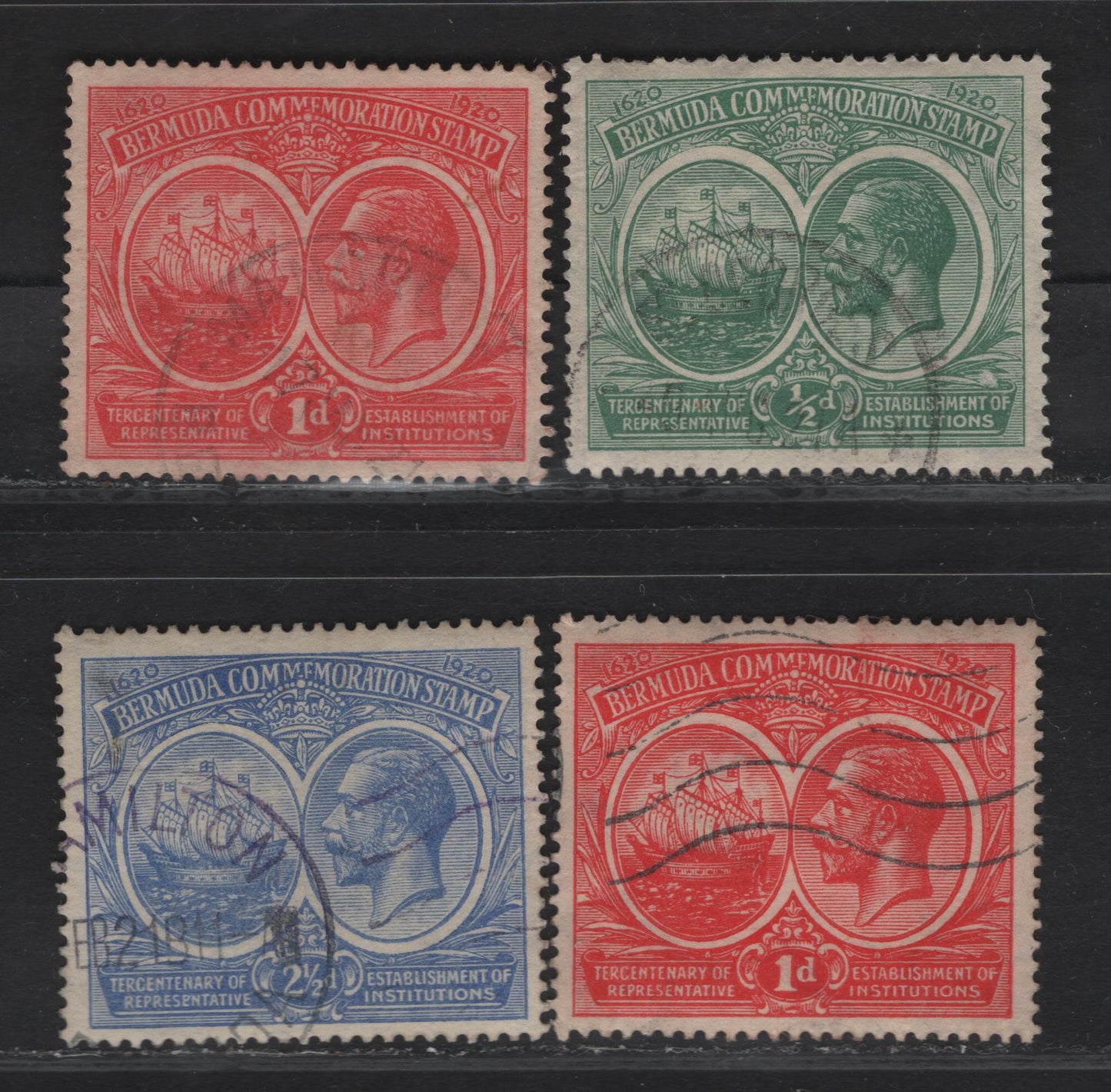 Lot 51 Bermuda SG#60, 65-66 1/2d - 2.5d Green - Bright Blue , 1920-1921 Tercentenary of Representative Institutions, 4 Fine/Very Fine Used Singles, Postally Used, Multiple Crown & Multiple script CA Wmks