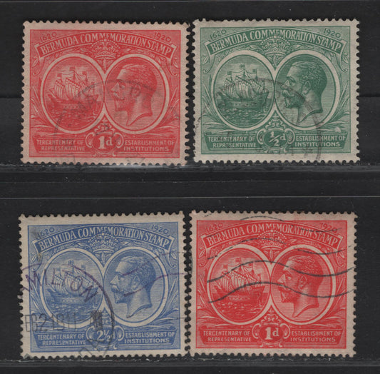Lot 51 Bermuda SG#60, 65-66 1/2d - 2.5d Green - Bright Blue , 1920-1921 Tercentenary of Representative Institutions, 4 Fine/Very Fine Used Singles, Postally Used, Multiple Crown & Multiple script CA Wmks