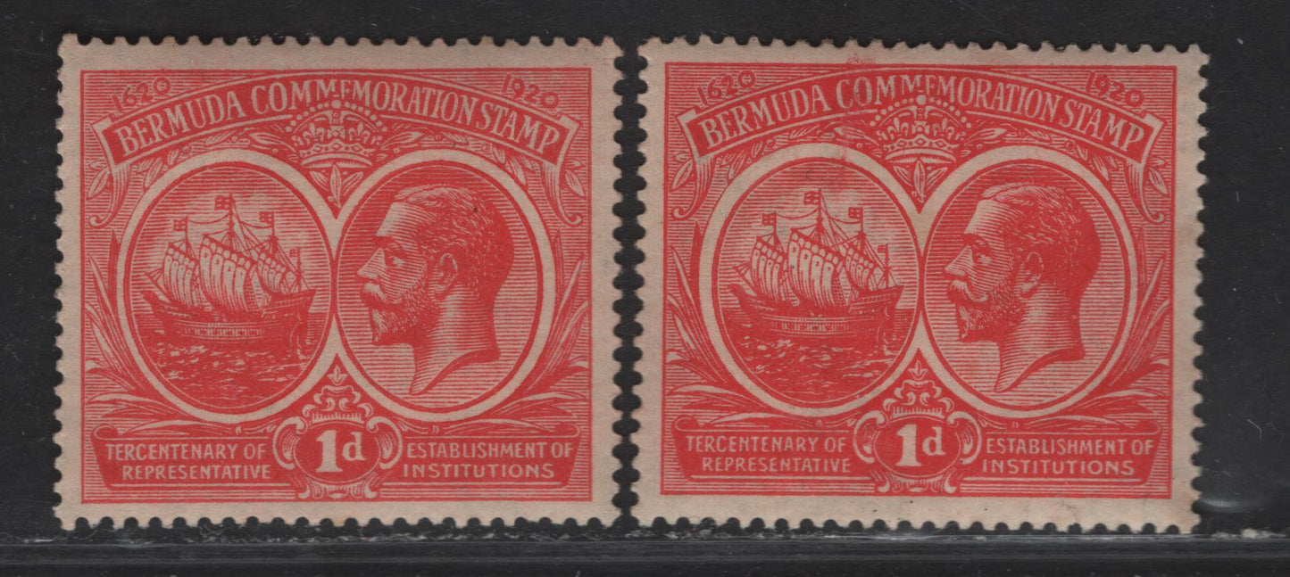 Lot 52 Bermuda SG#65 1d Carmine Red , 1920-1921 Tercentenary of Representative Institutions, 2 VFNH Singles, Multiple script CA Wmk