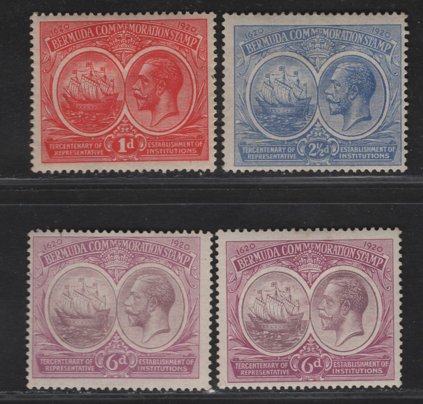 Lot 53 Bermuda SG#65-67 1d - 6d Carmine Red - Pale Purple & Dull/Bright Purple , 1921 Tercentenary of Representative Institutions, 4 FOG Singles, script CA Wmk