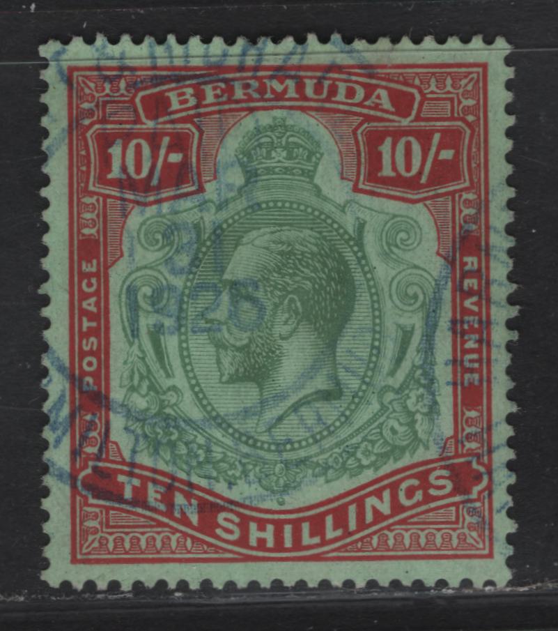 Lot 55 (C) Bermuda SG#92 10/- Green & Red on Pale Emerald King George V, 1924-1932 KGV Keyplates, A Very Fine Used Single, Multiple script CA Wmk, Revenue Cancel