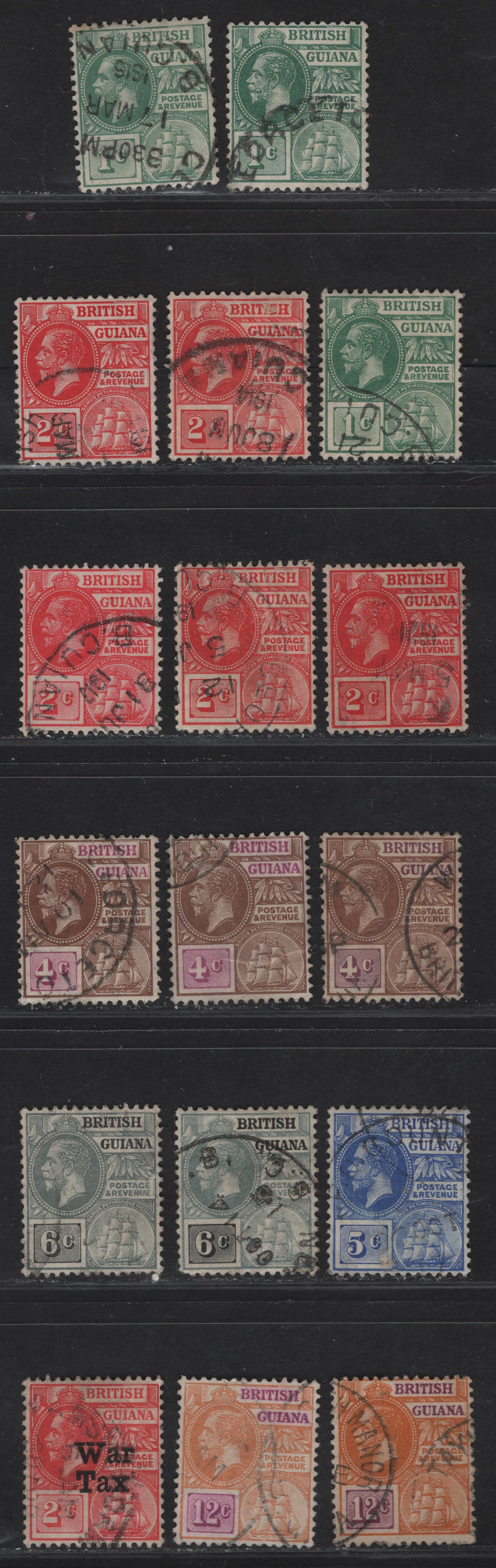 Lot 56 (C) British Guiana SG#259-a, 260-a, 261, b, 262-264, 271 1d - 12c Yellow Green - Orange & Violet King George V, 1913-1921 KGV Colonial Badge Keyplate, 10 Fine/Very Fine Used Singles, Multiple Crown CA Wmk, Listed & Unlisted Shade Varieties