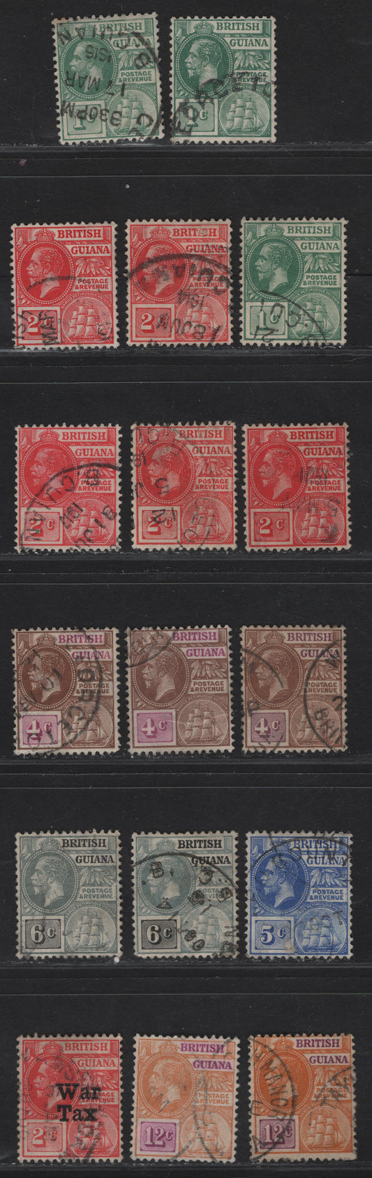 Lot 56 (C) British Guiana SG#259-a, 260-a, 261, b, 262-264, 271 1d - 12c Yellow Green - Orange & Violet King George V, 1913-1921 KGV Colonial Badge Keyplate, 10 Fine/Very Fine Used Singles, Multiple Crown CA Wmk, Listed & Unlisted Shade Varieties