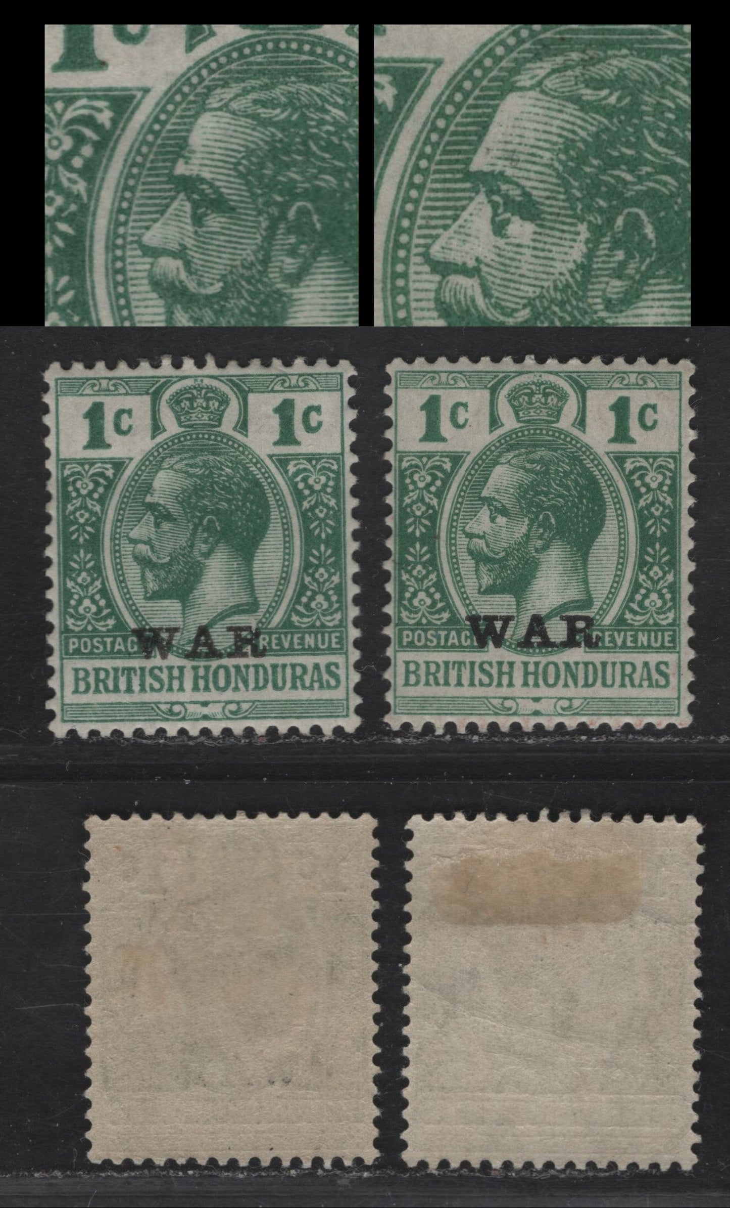 Lot 57 British Honduras SG#116 1c Blue Green King George V, 1917-1918 KGV Keyplate, 2 VFOG Singles, War Tax Overprint, Unlisted Scar on King's Forehead, With Normal to Compare.