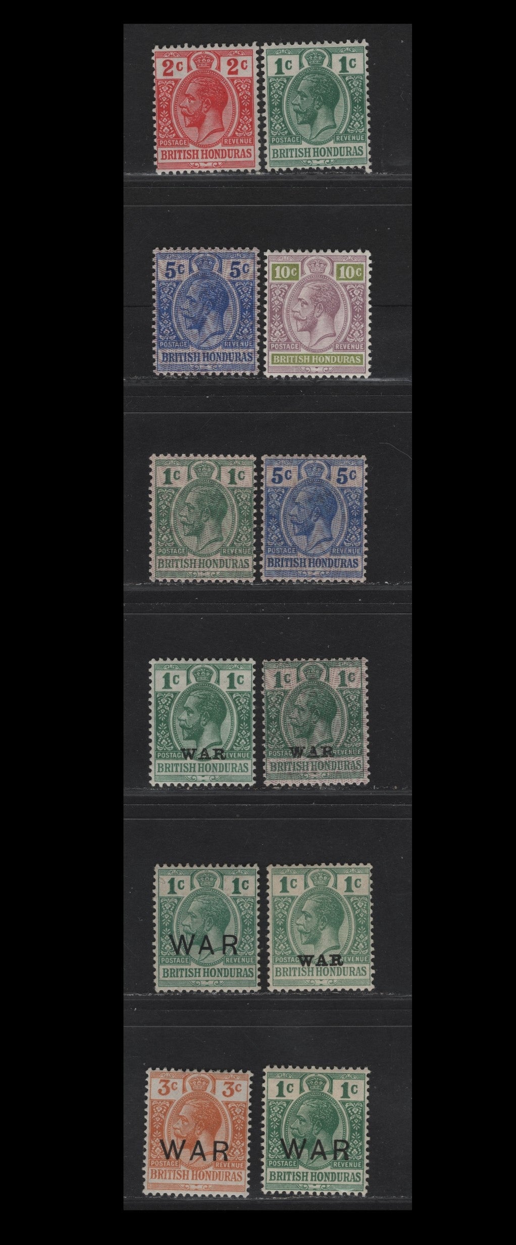 Lot 58 British Honduras SG#101, 102a, 105, 111a, 113, 114, 116, 116b, 119-120 1c - 3c Blue Green - Orange King George V, 1913-1918 KGV Keyplates, 10 F/VFOG Singles, Multiple Crown CA Wmk