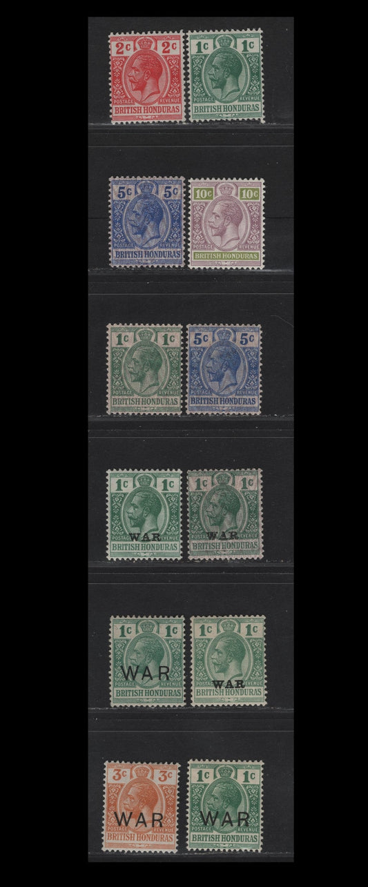 Lot 58 British Honduras SG#101, 102a, 105, 111a, 113, 114, 116, 116b, 119-120 1c - 3c Blue Green - Orange King George V, 1913-1918 KGV Keyplates, 10 F/VFOG Singles, Multiple Crown CA Wmk
