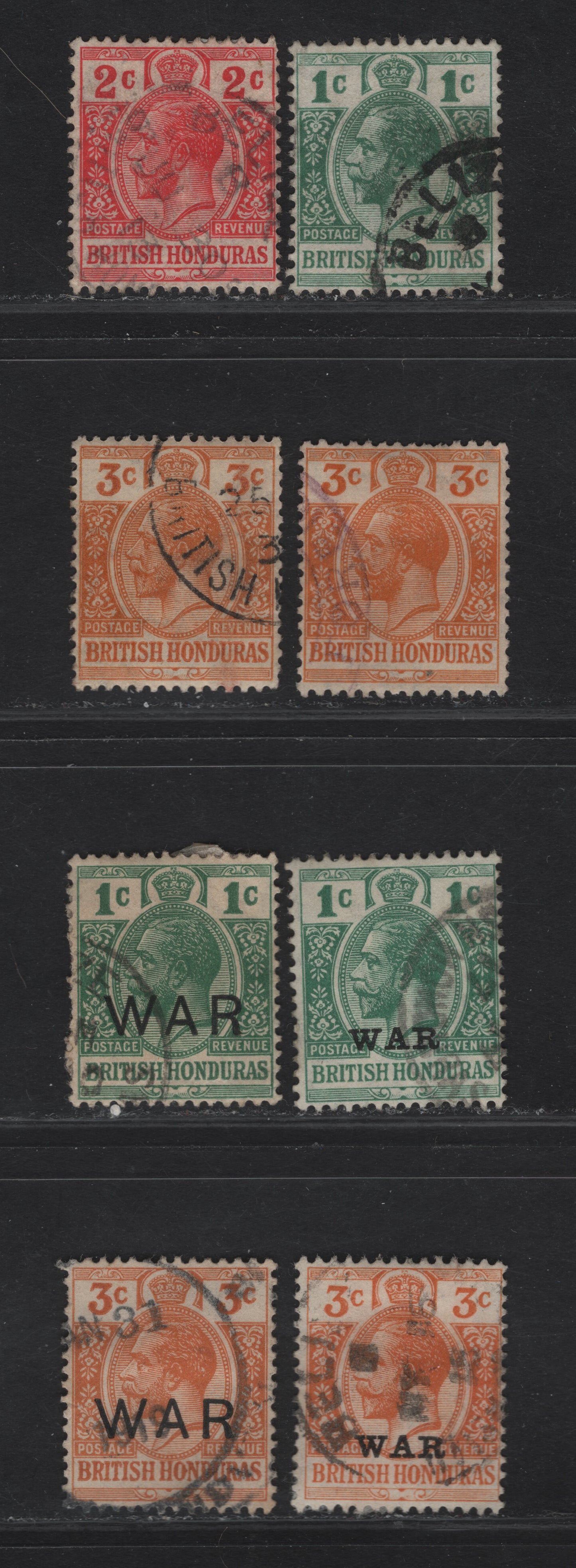 Lot 59 (C) British Honduras SG#101-103, 116, 118-120 1c - 3c Blue Green - Orange King George V, 1913-1921 KGV Keyplates, 7 Fine/Very Fine Used Singles, Multiple Crown CA Wmk