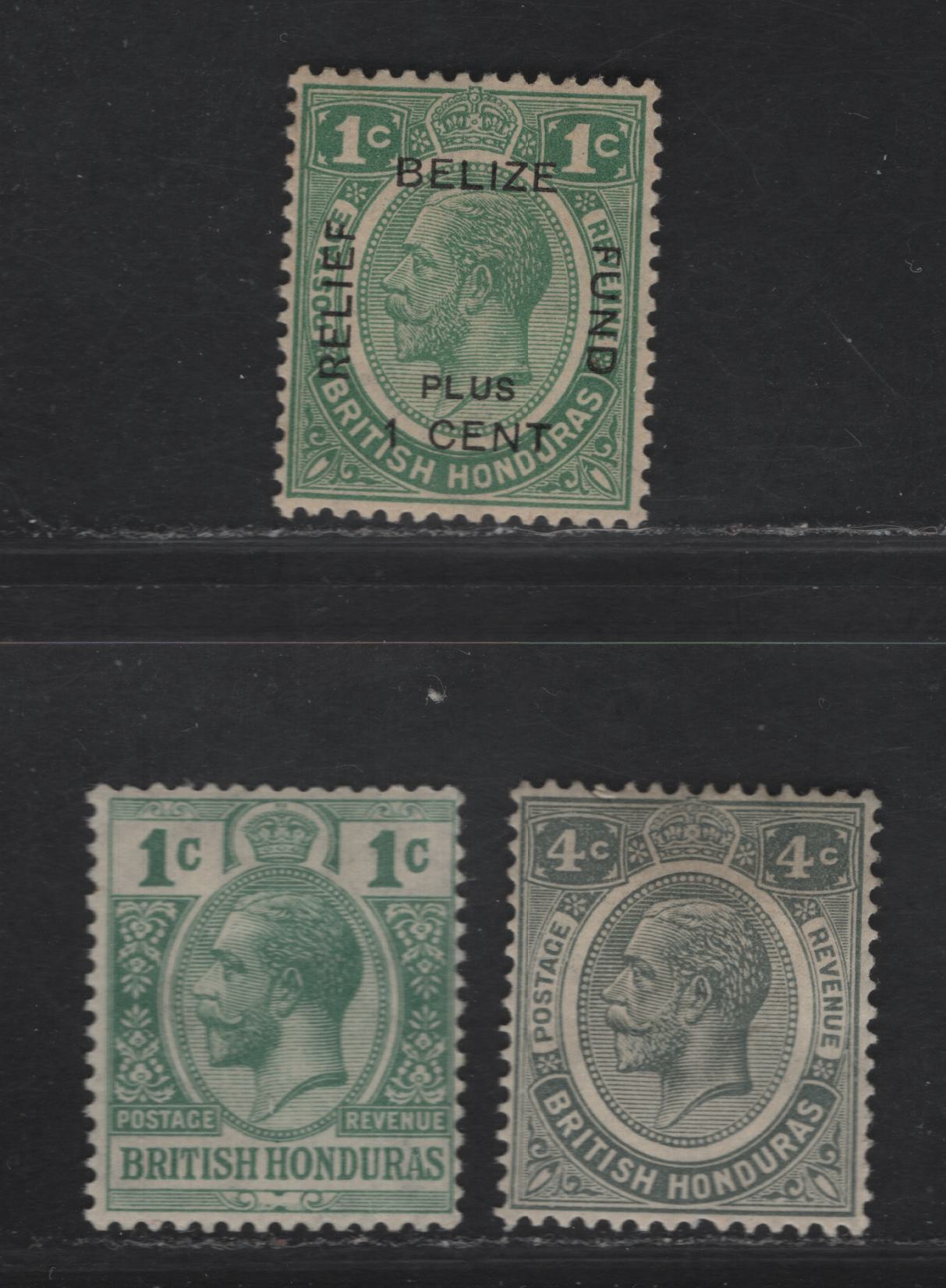 Lot 60 British Honduras SG#126, 130, 138 1c -4c Green - Gray King George V, 1922-1933 KGV Keyplates, 3 Fine/Very Fine Used Singles, script CA Wmk