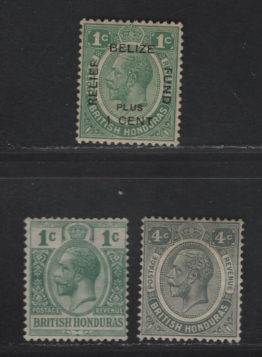 Lot 60 British Honduras SG#126, 130, 138 1c -4c Green - Gray King George V, 1922-1933 KGV Keyplates, 3 Fine/Very Fine Used Singles, script CA Wmk
