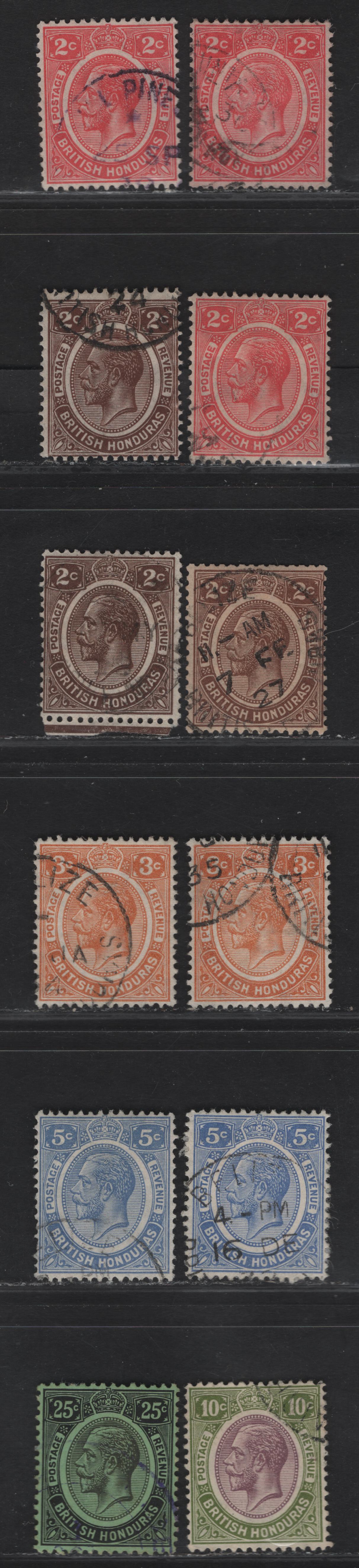 Lot 61 British Honduras SG#127-129, 131-a, 132-133 2c - 25c Brown - Black & Deep Gray on Emerald King George V, 1922-1933 KGV Keyplates, 12 Very Fine Used Singles, script CA Wmk, Listed & Unlisted Shades