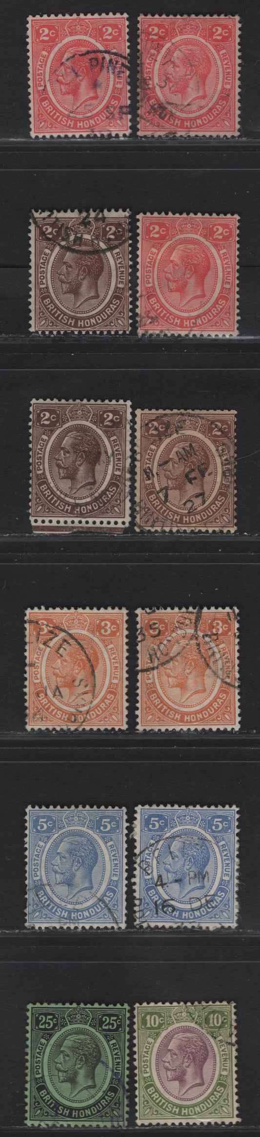 Lot 61 British Honduras SG#127-129, 131-a, 132-133 2c - 25c Brown - Black & Deep Gray on Emerald King George V, 1922-1933 KGV Keyplates, 12 Very Fine Used Singles, script CA Wmk, Listed & Unlisted Shades
