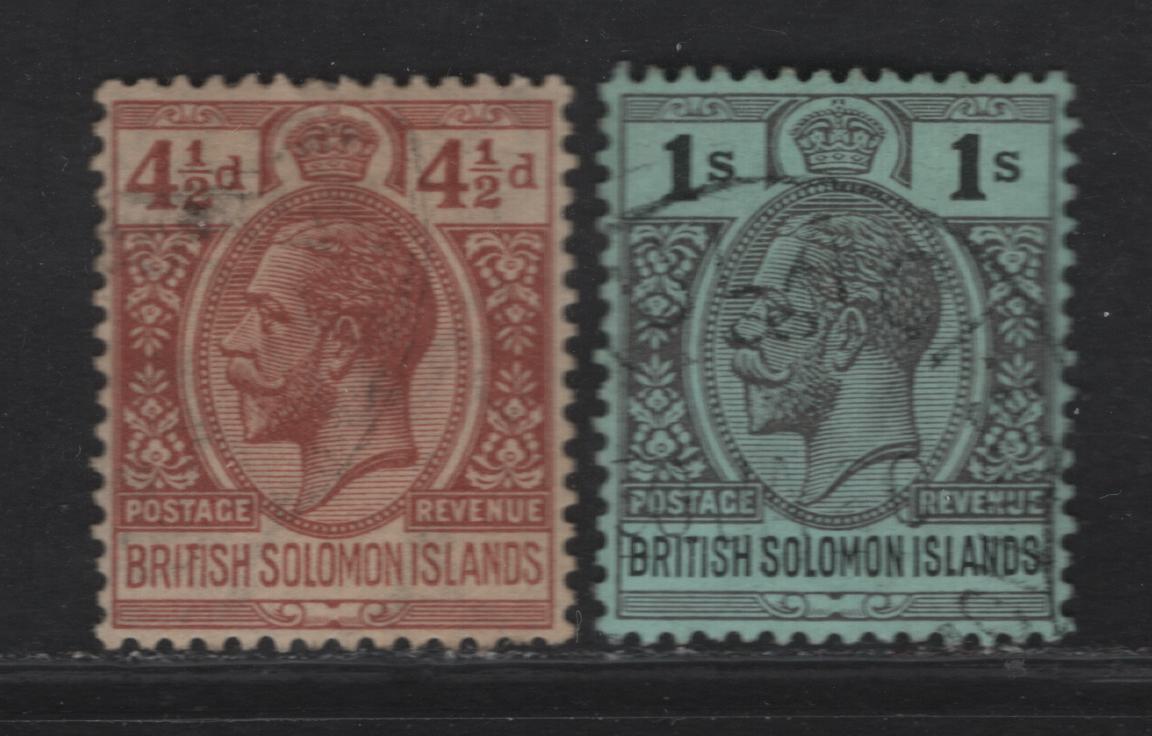 Lot 62 British Solomon Islands (C) SG#33, 45a 1/- - 4.5d Black & Deep Gray on Green - Red Brown King George V, 1914-1931 KGV Keyplates, 2 Very Fine Used Singles, Multiple Crown CA & script CA Wmks, 4.5d Cancel Is Dubious So Valued As Mint