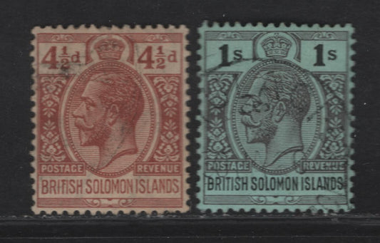 Lot 62 British Solomon Islands (C) SG#33, 45a 1/- - 4.5d Black & Deep Gray on Green - Red Brown King George V, 1914-1931 KGV Keyplates, 2 Very Fine Used Singles, Multiple Crown CA & script CA Wmks, 4.5d Cancel Is Dubious So Valued As Mint