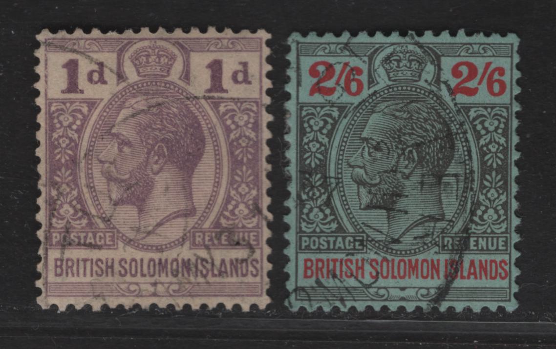 Lot 63 British Solomon Islands SG#41, 50 1c - 2/6 Dull Violet - Gray Black & Scarlet King George V, 1922-1931 KGV Keyplates, 2 Very Fine Used Singles, script CA Wmk