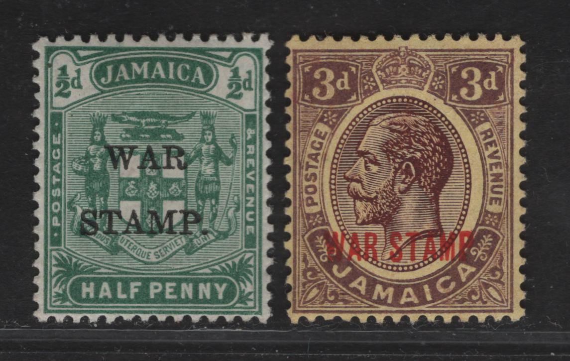 Lot 64 Jamaica SG#70, 77c 1/2c - 3d Blue Green - Deep Purple on Buff King George V, 1918-1919 War Tax Overprinted Issue, 2 VFOG Singles