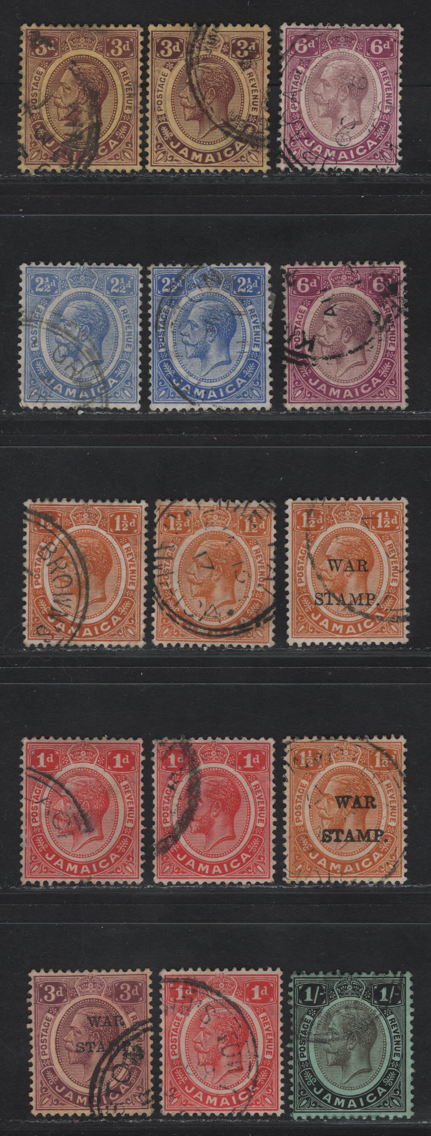Lot 65 (C) Jamaica SG#58-59a, 61-a, 63-a, 64,b, 65, 71, 76, 72e 1d - 1/- Carmine Red - Black & Gray on Green King George V, 1912-1920 KGV Keyplates & War Tax Overprinted Issues, 15 Very Fine Used Singles, Multiple Crown CA Wmk, Listed & Unlisted Shades