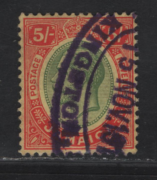 Lot 66 (C) Jamaica SG#67 5/- Green & Red on Yellow King George V, 1912-1920 KGV Keyplates & War Tax Overprinted Issues, A Very Fine Used Single, Multiple Crown CA Wmk, Postally Used, Revenue Cancel.