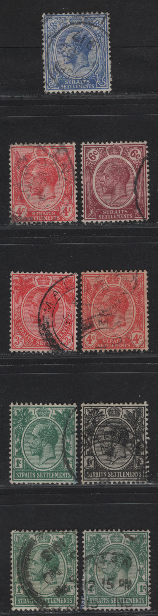 Lot 67 Straits Settlements SG#193-b, 194, 196, 198-b, 200-201 1c - 8c Green - Ultramarine King George V, 1912-1923 KGV Keyplates, 9 Very Fine Used Singles, Including Shades of the 1c Green & 4c Rose Scarlet & Carmine, Multiple Crown CA Wmk
