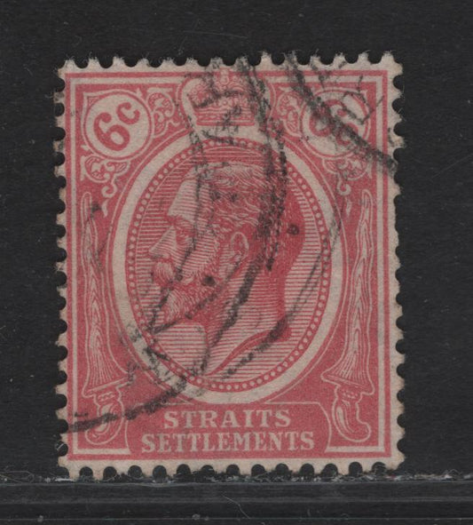 Lot 68 Straits Settlements SG#227w 6c Dull Claret King George V, 1921-1933 KGV Keyplates, A Very Good Used Single, Inverted script CA Wmk, Scarce