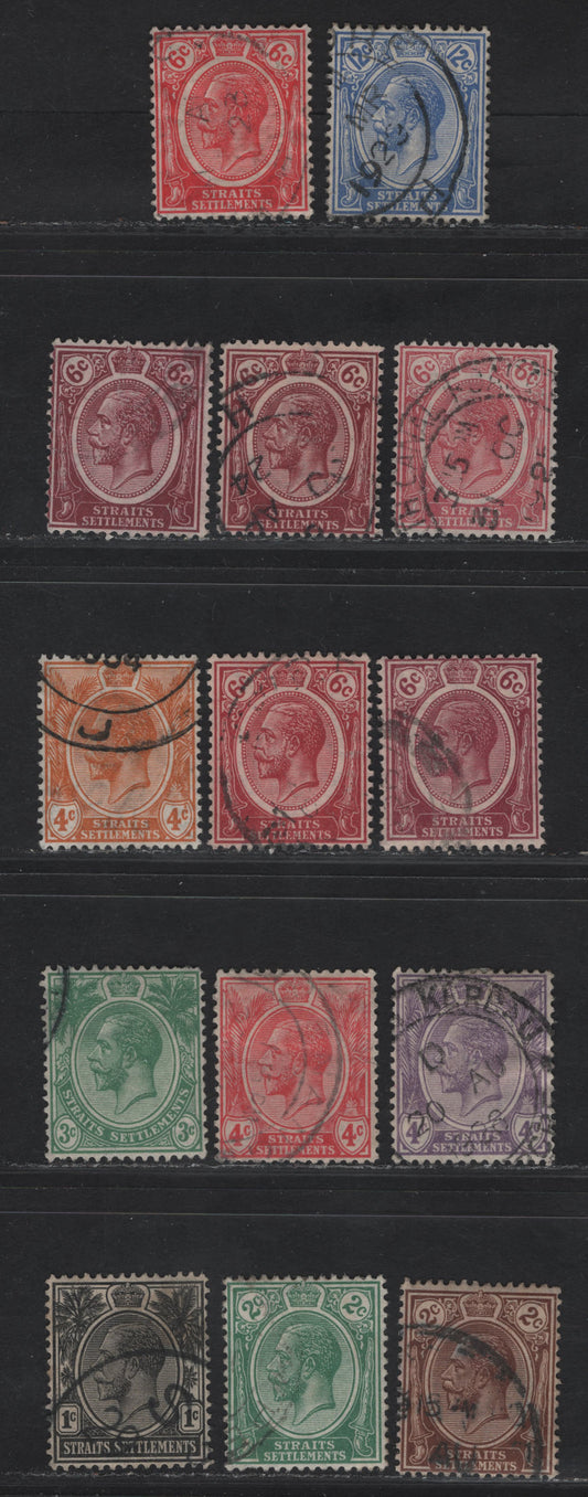 Lot 69 Straits Settlements SG#218-224, 227-229, 232 1c - 12c Black - Ultramarine King George V, 1921-1933 KGV Keyplates, 14 Fine/Very Fine Used Singles, script CA Wmk, Including Shades Of 6c Claret, & The Better Rose Pink.