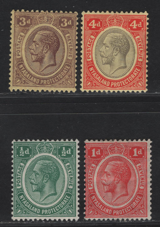 Lot 70 Nyasaland Protectorate SG#83, 85, 105-106 1/2d - 4d Green - Red & Gray on Yellow King George V, 1913-1933 KGV Keyplates, 4 FOG Singles, Multiple Crown CA & Multiple script CA Wmks