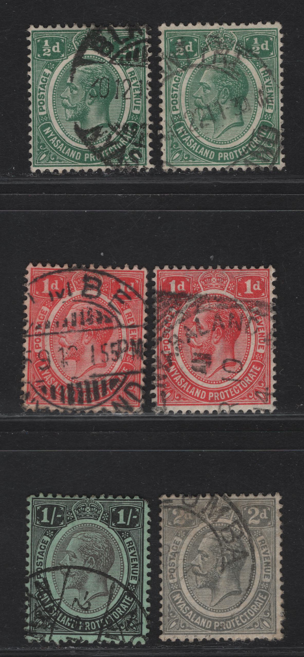 Lot 71 Nyasaland Protectorate SG#83-87, 93 1/2d - 1/- Green - Black & Gray on Green King George V, 1913-1921 KGV Keyplates, 6 Fine/Very Fine Used Singles, Multiple Crown CA Wmk