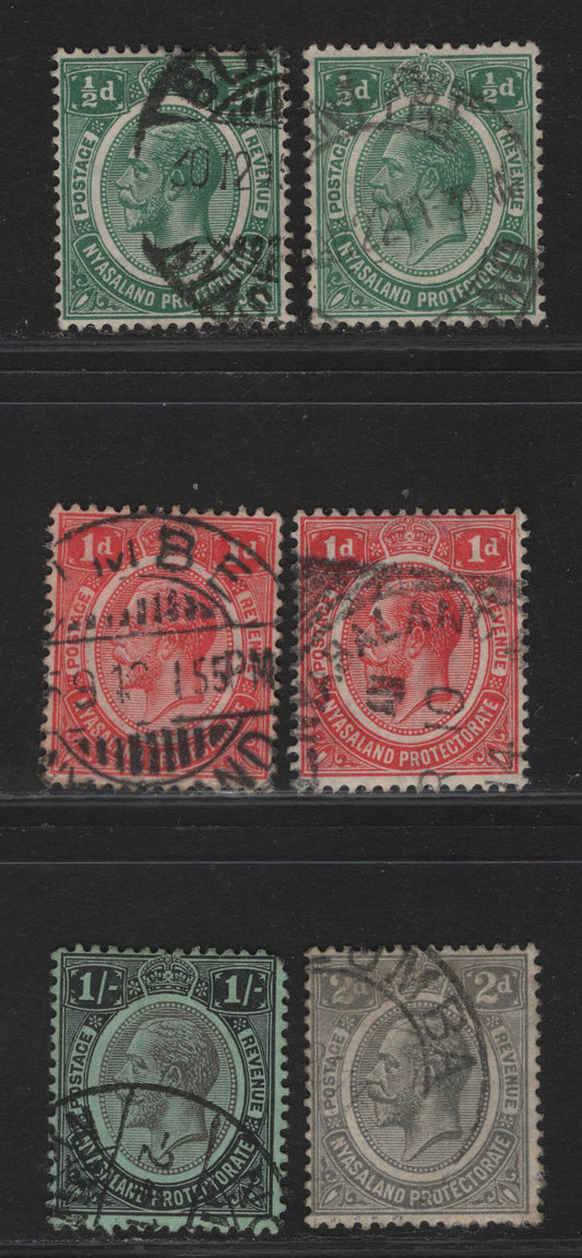 Lot 71 Nyasaland Protectorate SG#83-87, 93 1/2d - 1/- Green - Black & Gray on Green King George V, 1913-1921 KGV Keyplates, 6 Fine/Very Fine Used Singles, Multiple Crown CA Wmk