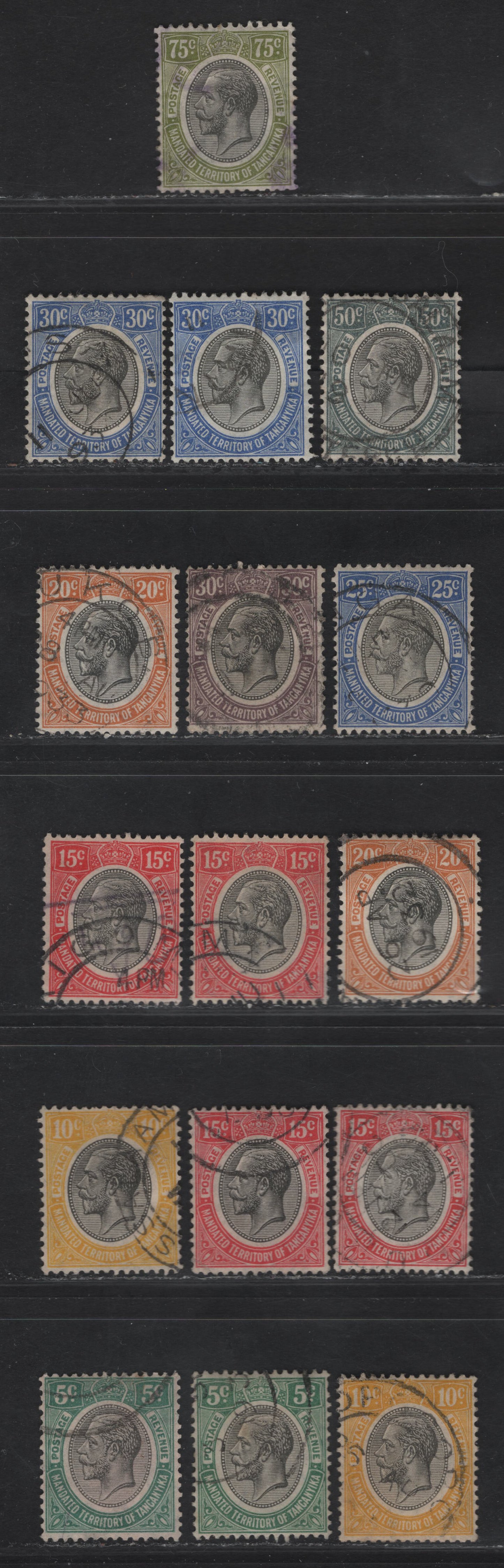 Lot 73 Tanganyika SG#93-98a, 100-101 5c - 75c Green & Black - Olive Green & Black King George V, 1927-1931 KGV Keyplates, 16 Fine/Very Fine Used Singles, script CA Wmk, Additional Shades, 75c Is Revenue Cancel.