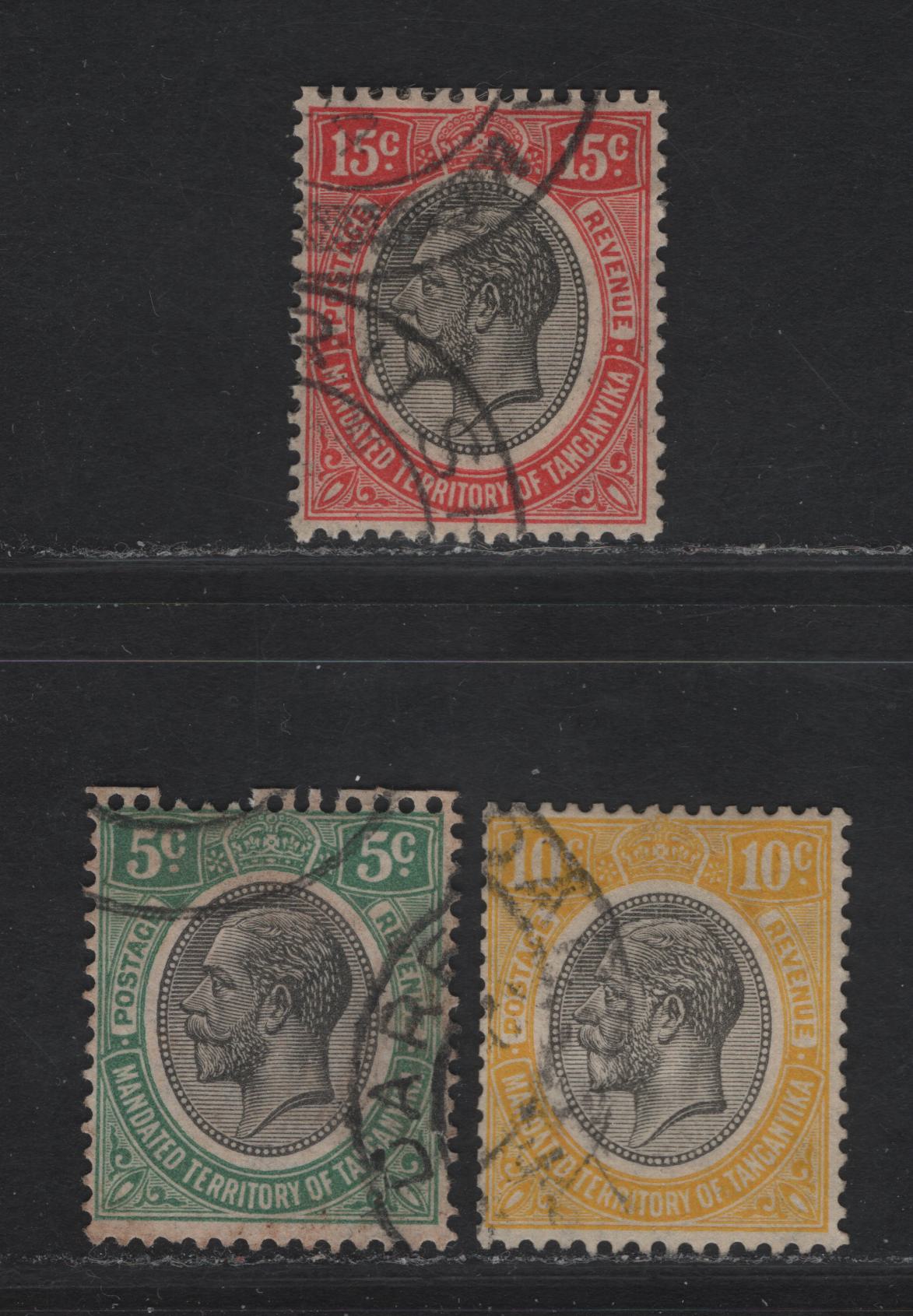 Lot 74 Tanganyika SG#93-95 5c - 15c Green & Black - Carmine Red & Black King George V, 1927-1931 KGV Keyplates, 3 Fine/Very Fine Used Booklet Singles, From Booklets SB3 & SB4, Unlisted In Gibbons